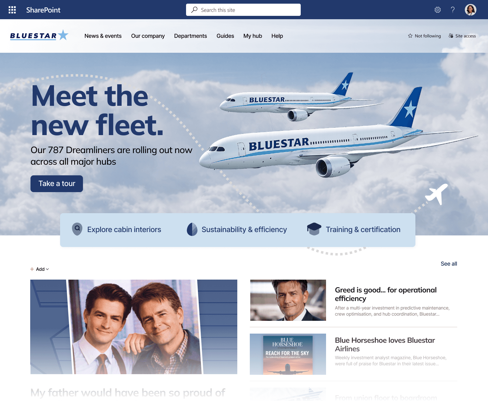 Example airline-style internal homepage layout