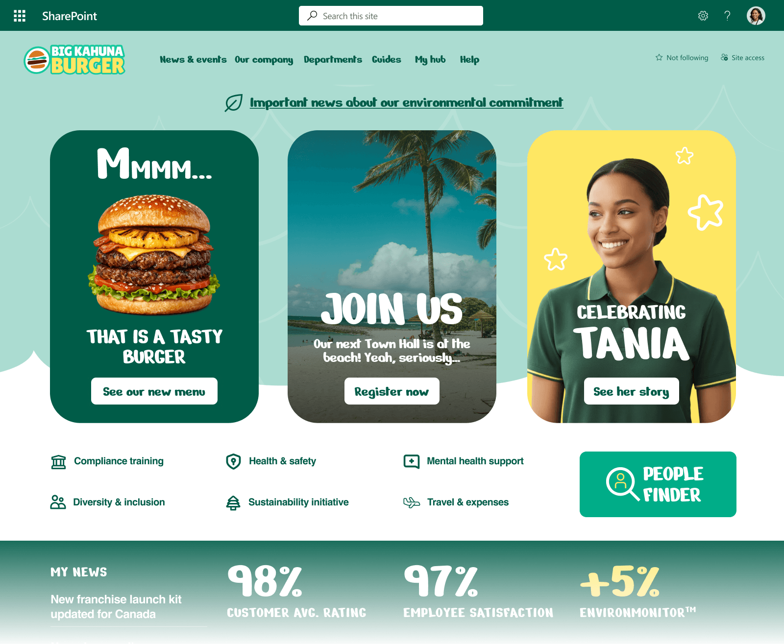 The Big Kahuna Burger SharePoint intranet homepage design