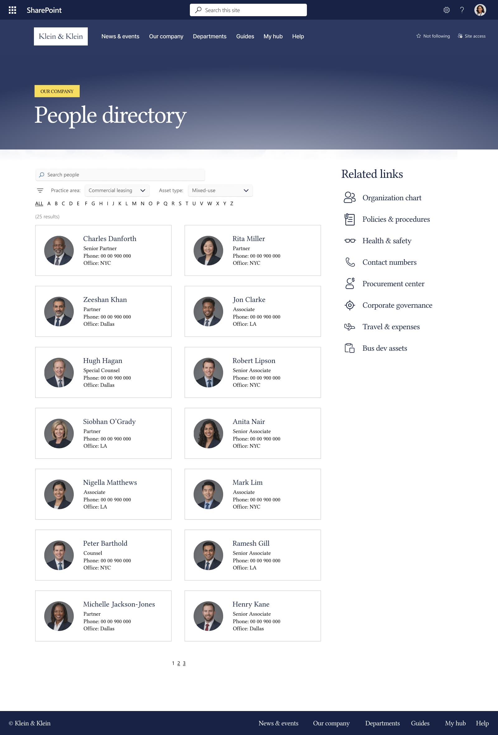 Law firm SharePoint people directory with practice-area and asset-type search